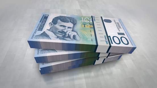 Serbian dinar money pack 3d illustration. RSD banknote bundle stacks. Concept of finance, cash, economy crisis, business success, recession, bank, tax and debt in Serbia.