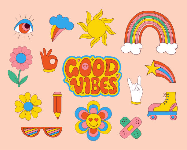 Set of Retro 70s groovy elements, cute funky hippy stickers and lettering motivational slogan of Good vibes. Vector hand drdawn psychedelic clipart. Isolated cartoon positive symbols. Set of Retro 70s groovy elements, cute funky hippy stickers and lettering motivational slogan of Good vibes. Vector hand drdawn psychedelic clipart. Isolated cartoon positive symbols rainbow icon stock illustrations