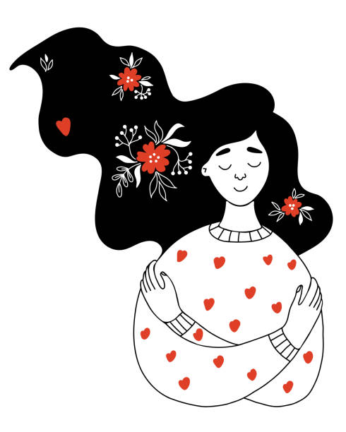 ilustraciones, imágenes clip art, dibujos animados e iconos de stock de hermosa chica con cabello largo y flores se abraza. ilustración vectorial en estilo garabato dibujado a mano. concepto ámate a ti mismo, cuídate y encuentra tiempo para ti mismo - enfold