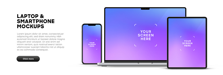 Modern laptop mockup front view and high quality smartphone and tablet mockup isolated on white background. Notebook mockup and phone device mockup for ui ux app and website presentation.Stock Vector.