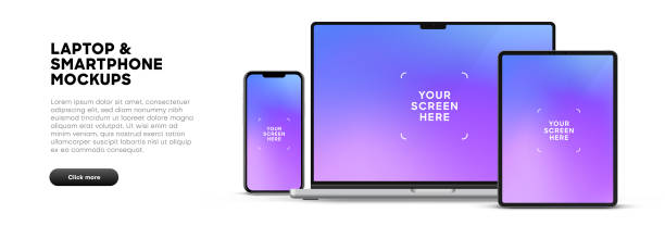 Modern laptop mockup front view and high quality smartphone and tablet mockup isolated on white background. Notebook mockup and phone device mockup for ui ux app and website presentation.Stock Vector. Modern laptop mockup front view and high quality smartphone and tablet mockup isolated on white background. Notebook mockup and phone device mockup for ui ux app and website presentation.Stock Vector. digital tablet stock illustrations