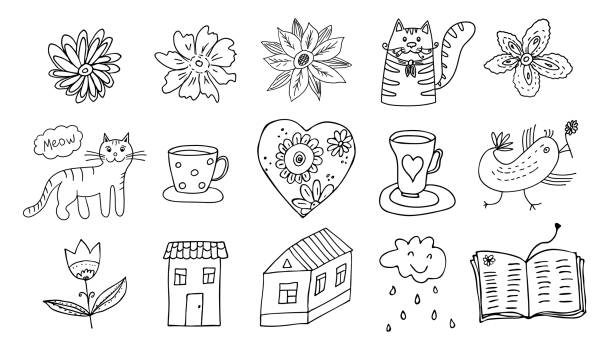 Vector doodle set of cozy summer objects and nature. Isolated linear cats and dird, flowers and houses, cups and book element vector art illustration