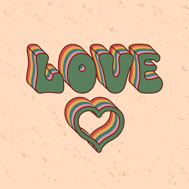 Vector groovy lettering Love and rainbow heart shape. 70s retro desogn with romantic symbol and colorful letter on textured backdrop vector art illustration