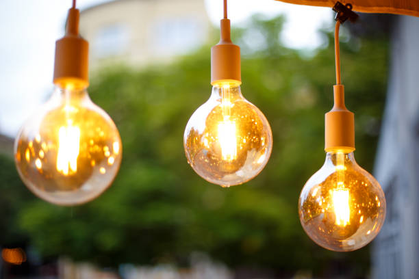 istock Incandescent light bulb hanging In a garden. 1404281479