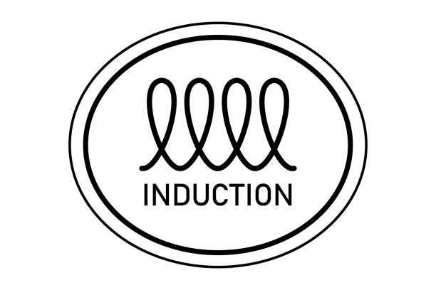 Induction, Icon for marking dishes. To designate a surface, a coating. Vector isolated illustration on white background, black and white line Induction, Icon for marking dishes. To designate a surface, a coating. Vector isolated illustration on white background, black and white, line designate stock illustrations