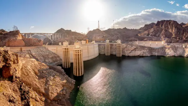 Photo of Panoramic view of Hoover Dam, summer drought