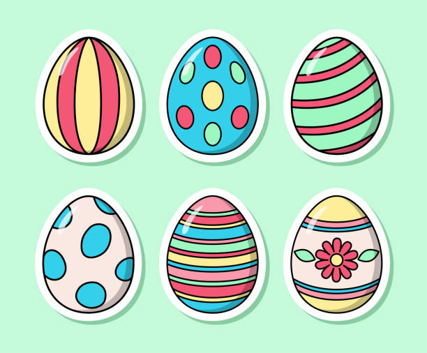 Vector cartoon Easter eggs stickers. Colorful holiday collection in pastel colors vector art illustration