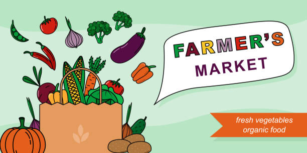 Farmer's Market vector banner with cartoon vegetables in bag. Fresh food advertising design concept vector art illustration