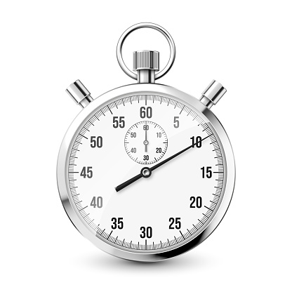 Realistic classic stopwatch icon. Shiny metal chronometer, time counter with dial. Countdown timer showing minutes and seconds. Time measurement for sport, start and finish. Vector illustration.