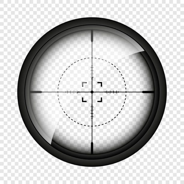 illustrations, cliparts, dessins animés et icônes de viseur d’arme, lunette optique de fusil de sniper. viseur de fusil de chasse avec réticule. visez, symbole de marque de tir. panneau de cible militaire, silhouette. élément d’interface utilisateur de jeu. illustration vectorielle - telescopic sight