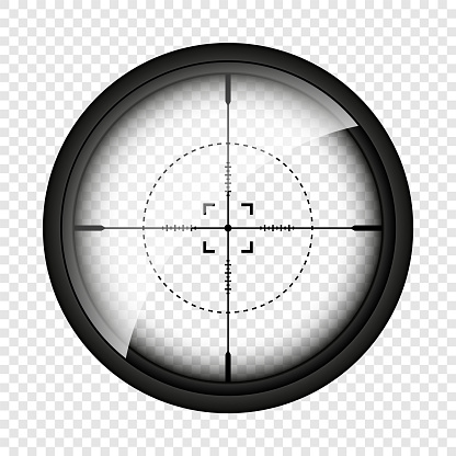 Weapon sight, sniper rifle optical scope. Hunting gun viewfinder with crosshair. Aim, shooting mark symbol. Military target sign, silhouette. Game interface UI element. Vector illustration.