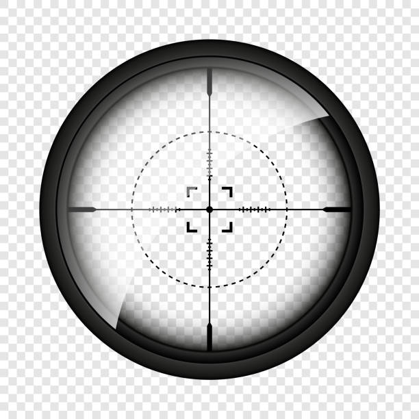 Weapon sight, sniper rifle optical scope. Hunting gun viewfinder with crosshair. Aim, shooting mark symbol. Military target sign, silhouette. Game interface UI element. Vector illustration Weapon sight, sniper rifle optical scope. Hunting gun viewfinder with crosshair. Aim, shooting mark symbol. Military target sign, silhouette. Game interface UI element. Vector illustration. crosshair stock illustrations