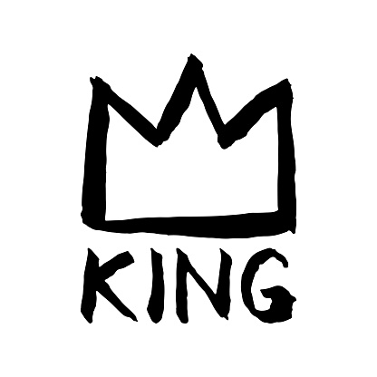 Crown with word King icon. Black ink contour linear sketch silhouette. Front view. Vector simple flat graphic hand drawn illustration. Isolated object on a white background. Isolate.