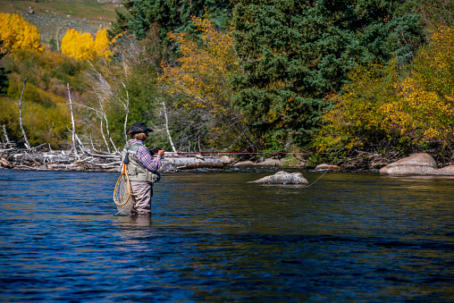 fishing in river from mountain valley in Alaska forest valley