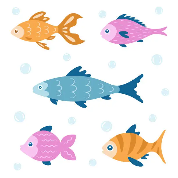 Vector illustration of Set of different fish. Ocean life and wild animals theme. Cute cartoon sea characters for kids.