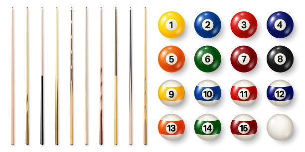 Colorful billiard balls with numbers and various pool cues. Glossy snooker ball. Sports equipment. Vector illustration. Colorful billiard balls with numbers and various pool cues. Glossy snooker ball. Sports equipment. Vector illustration pool cue stock illustrations