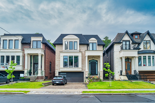 Large, new houses in a residential district in Toronto Ontario Canada.