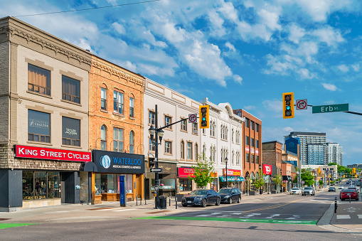 Businesses in downtown Waterloo Ontario Canada on a sunny day.