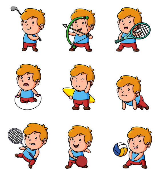 мальчик играет во многие виды спорта, набор талисманов - golf child sport humor stock illustrations