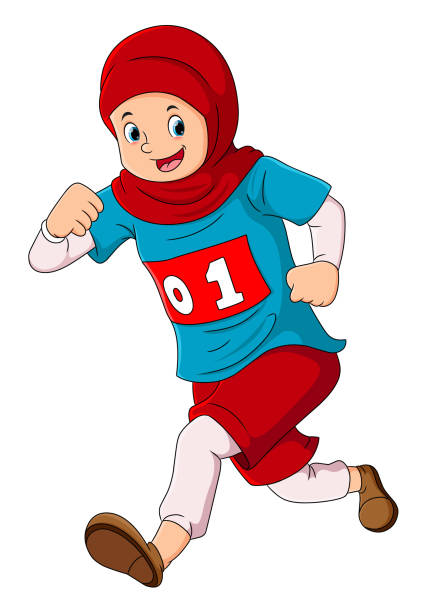 The hijab girl is running in a marathon competition The hijab girl is running in a marathon competition of illustration cartoon of muslim costume stock illustrations