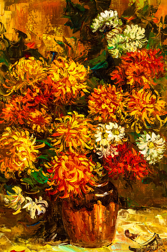 Impressionist style oil painting depicting a bouquet of chrysanthemums.\