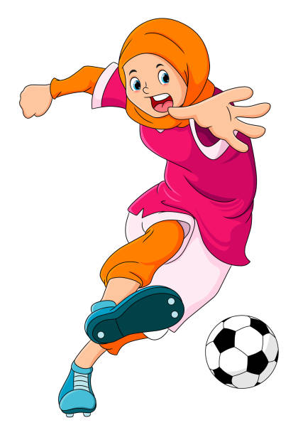 The hijab girl is playing football and kicking the ball The hijab girl is playing football and kicking the ball of illustration cartoon of muslim costume stock illustrations