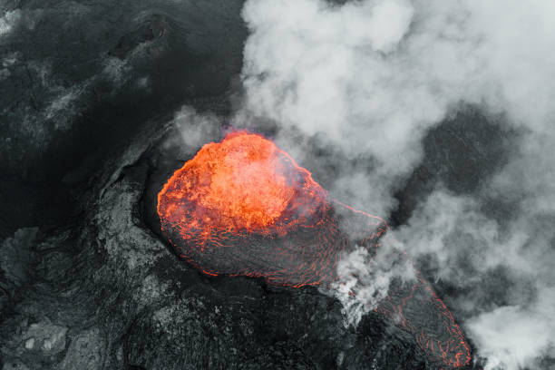 Directly above Fagradalsfjall Volcano Lava Crater of Iceland stock photo