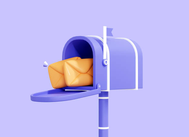 istock 3D Mailbox with letter in envelope. Newsletter concept. Sent mail message. Open full postbox. Receiving delivery in envelope. Cartoon icon isolated on purple background. 3D Rendering 1404301052