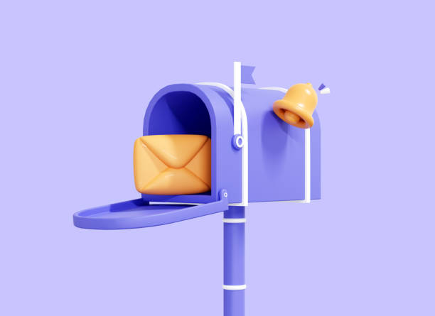 boîte aux lettres 3d avec lettre dans l’enveloppe et notification de cloche. concept de newsletter. message électronique envoyé. réception de la livraison dans l’enveloppe. icône de boîte postale de dessin animé isolée sur fond violet. rendu 3d - box package delivering mail photos et images de collection