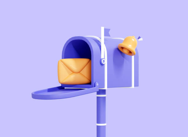 istock 3D Mailbox with letter in envelope and bell notification. Newsletter concept. Sent mail message. Receiving delivery in envelope. Cartoon postbox icon isolated on purple background. 3D Rendering 1404301055