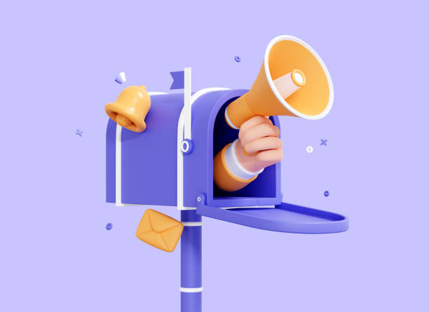 3D Open Mailbox with Hand holding Megaphone. Email News and advertising concept. Mail announce. Newsletter business marketing and promotion. Cartoon illustration isolated on background. 3D Rendering stock photo