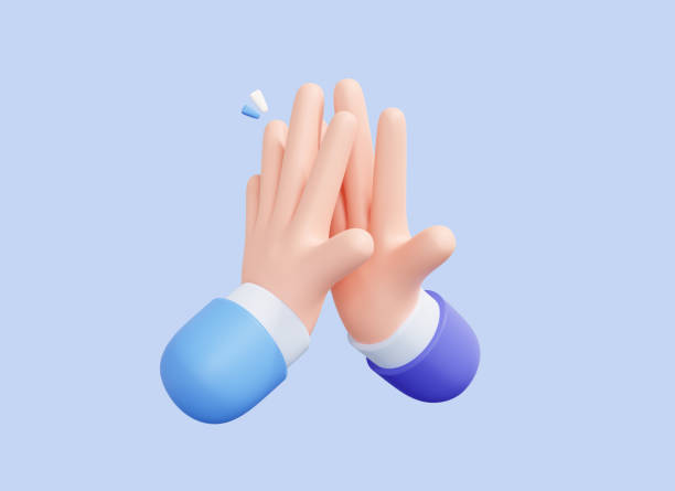 3D Cartoon two Hands giving a High Five. Teamwork concept. Character hand emoji. Business partners with successful deal. Gesture give five. Isolated on blue background. 3D Rendering stock photo