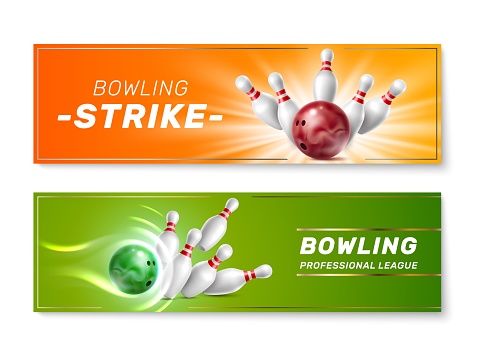 Bowling banners. Realistic game elements, professional playing accessories, ball breaking pins, team game tournament invitation vouchers, championship horizontal bright poster, vector background set