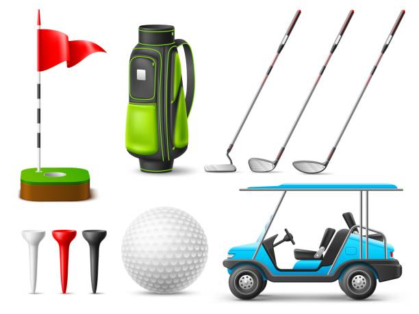 Realistic golf elements. Recreational sport game accessories, professional equipment, isolated 3d objects ball, clubs and machine, tee, flag on green grass and niblick bag. Vector set Realistic golf elements. Recreational sport game accessories, professional equipment, isolated 3d objects ball, clubs and machine, tee, flag on green grass and niblick bag. Cutter vector icon set reenactment stock illustrations