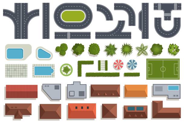 street elements map top view. city landscape flat objects, highways segments, houses roofs, swimming pools, bushes and trees, stadium. assembly kit collection, nowaday vector isolated set - üst giyim stock illustrations