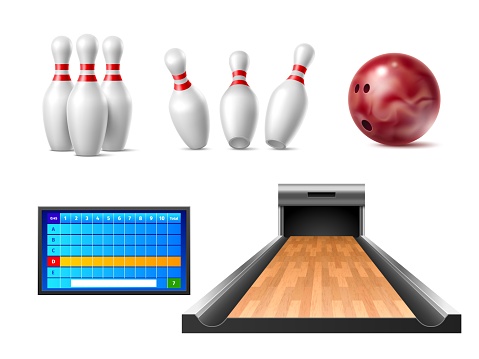 Realistic bowling elements. Challenge sport game equipment, standing and falling skittles, ball and bowling alley, electronic scoreboard for results, indoor leisure activity, vector isolated 3d set