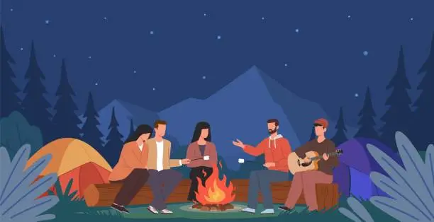 Vector illustration of Cartoon friends campfire. Travelers characters night gatherings, nature dinner, tourists with tents, bonfire people stories and guitar music, mountains and forest background, vector concept