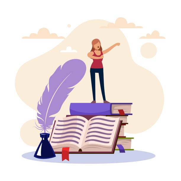 ilustrações de stock, clip art, desenhos animados e ícones de literature concept. world poetry day, story told and written. tiny woman stands on stack of books, public speaking, ink and pen, reading poem. writing profession vector cartoon flat concept - poem