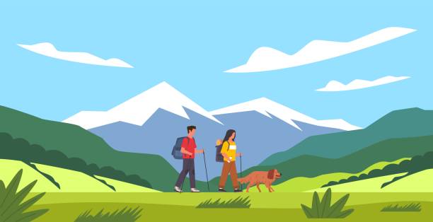 Cartoon people hike. Tourist couple and dog, summer mountains landscape, family with backpack traveling, nature trail walk, explorers characters adventure, healthy lifestyle vector concept Cartoon people hike. Tourist couple and dog, summer mountains landscape, family with backpack traveling, nature trail walk, explorers characters adventure, healthy lifestyle vector horizontal concept landscape scenery clipart stock illustrations