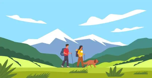 Vector illustration of Cartoon people hike. Tourist couple and dog, summer mountains landscape, family with backpack traveling, nature trail walk, explorers characters adventure, healthy lifestyle vector concept