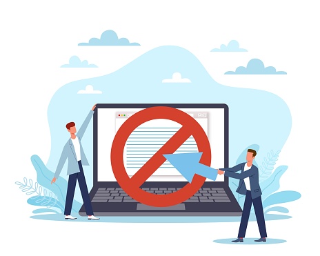 Banned website. Online Warning, laptop with forbidden sign on screen, tiny people, security system, internet browser blocked message, control illegal content vector cartoon flat style isolated concept