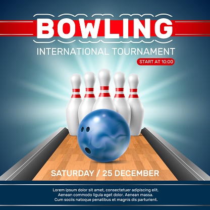 Realistic bowling club poster. Tournament invitation. Ball, pins on alley, competitive group game, sport challenge announcement banner. Entertainment event friendly joint activity, vector 3d concept