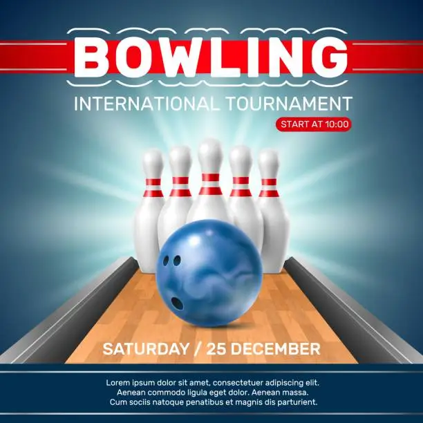 Vector illustration of Realistic bowling club poster. Tournament invitation. Ball, pins on alley, competitive group game, sport challenge banner. Entertainment event friendly joint activity, vector 3d concept