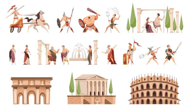 antikes rom. kämpfer mit waffen und zivilisten, architektonische denkmäler, säulen und brunnen, kolosseum und amphitheater, charaktere in der geschichte traditionelle kleidung vektor cartoon flaches set - ancient rome illustrations stock-grafiken, -clipart, -cartoons und -symbole