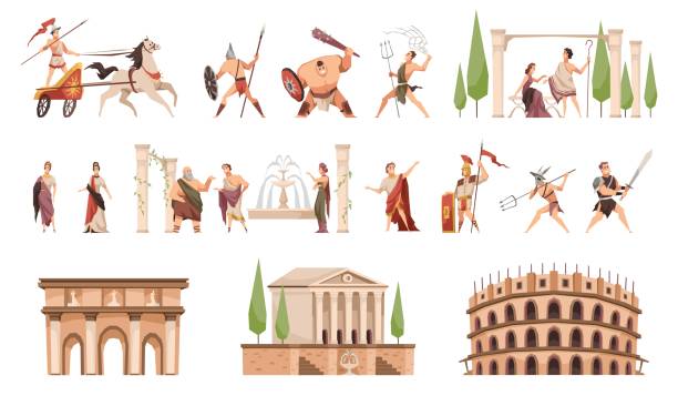 starożytny rzym. bojownicy z bronią i cywilami, zabytki architektury, kolumny i fontanna, koloseum i amfiteatr, postacie w historii tradycyjne ubrania wektorowe kreskówka płaski zestaw - ancient rome obrazy stock illustrations