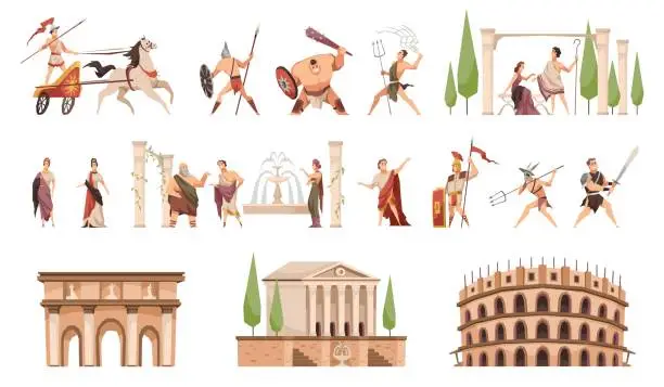 Vector illustration of Ancient rome. Fighters with weapons and civilians, architectural monuments, columns and fountain, coliseum and amphitheater, characters in history traditional clothes vector cartoon flat set