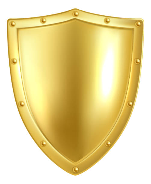 istock Golden shield. Realistic heraldic symbol. Metallic monarch award. Luxury royal sign, blank empty security insignia, power protection symbol. Premium badge, vector 3d isolated element 1404306192
