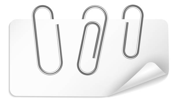 istock Pin paper clip. Realistic silver metal glossy fasteners on white sheet with curved corner, document paperclip, steel twisted wire, school and office stationery vector illustration 1404306220