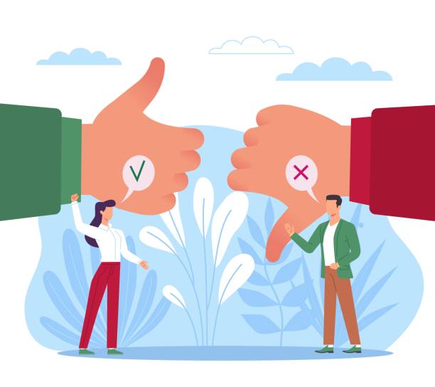 Choose between positive and negative. Decision making, comparison of pros and cons, huge hand gestures, tiny people thinking, right and wrong way, vector cartoon flat isolated concept Choose between positive and negative. Decision making, comparison of pros and cons, huge hand gestures, tiny people thinking, right and wrong way, big dilemma, vector cartoon flat isolated concept pros and cons stock illustrations