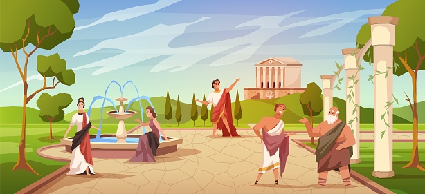 Ancient roman people. Civilian population pastime, greek male and female characters in tunics, cypresses trees, coliseum and amphitheater columns, temple, vector cartoon flat concept